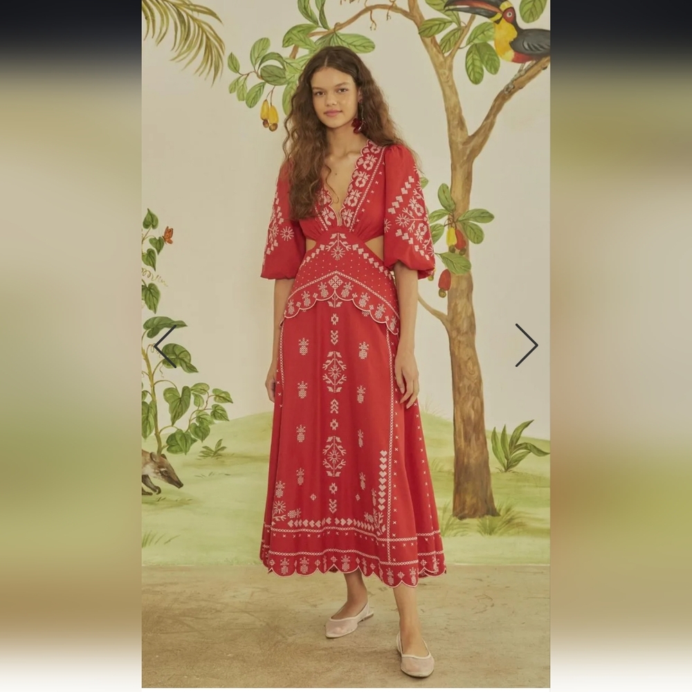 FARM Rio Brazil Red Embroided Dress Puff Sleeves Size L - Picture 3 of 13
